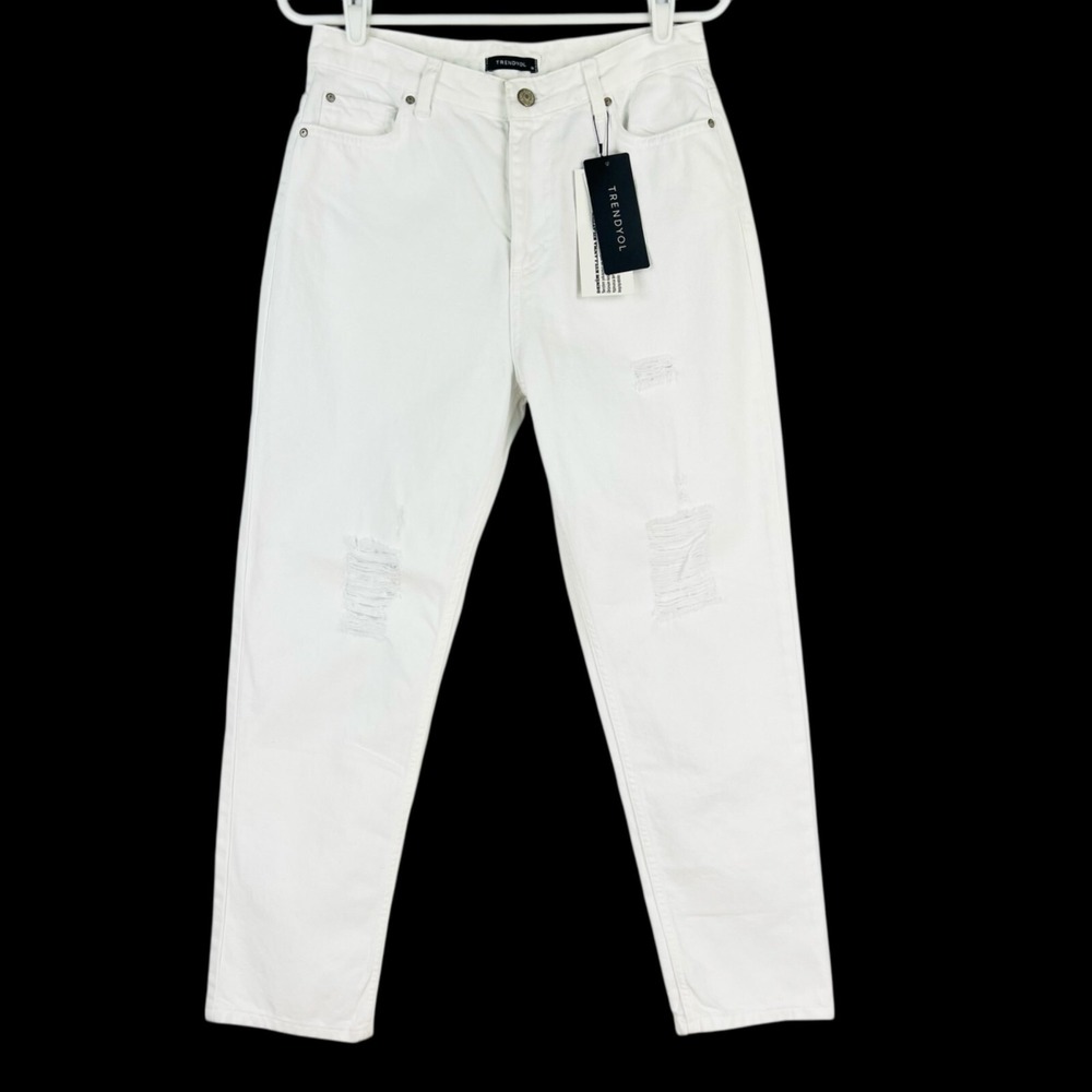 Trendyol Women White High-Waisted Distressed Denim Jean Size 38 US 28 Cotton NWT